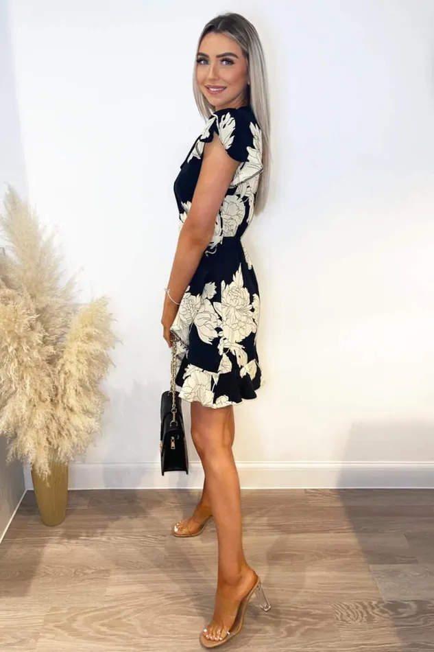 AX Paris Black And Stone Floral Print Short Sleeve Wrap Dress Women Dresses