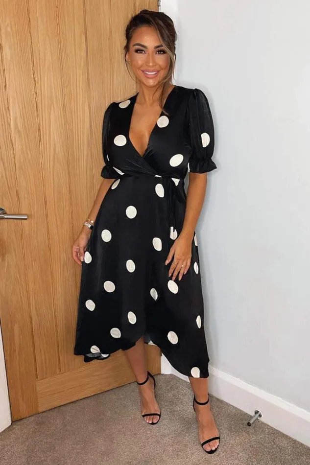 AX Paris Black And Stone Polka Dot Wrap Side Tie Midi Dress Women Dresses