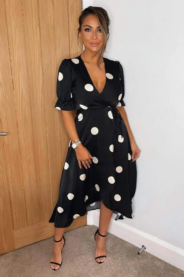 AX Paris Black And Stone Polka Dot Wrap Side Tie Midi Dress Women Dresses