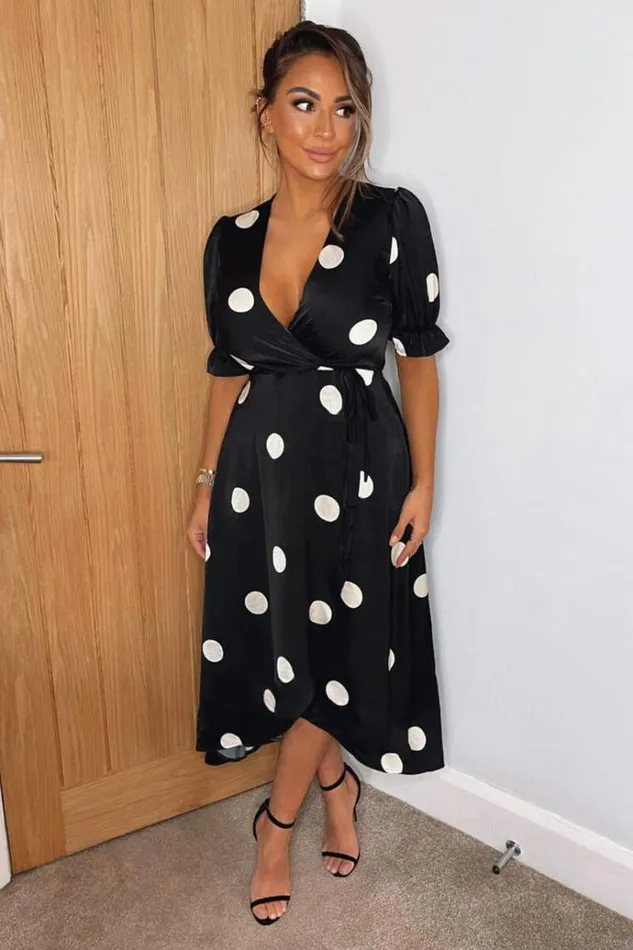 AX Paris Black And Stone Polka Dot Wrap Side Tie Midi Dress Women Dresses