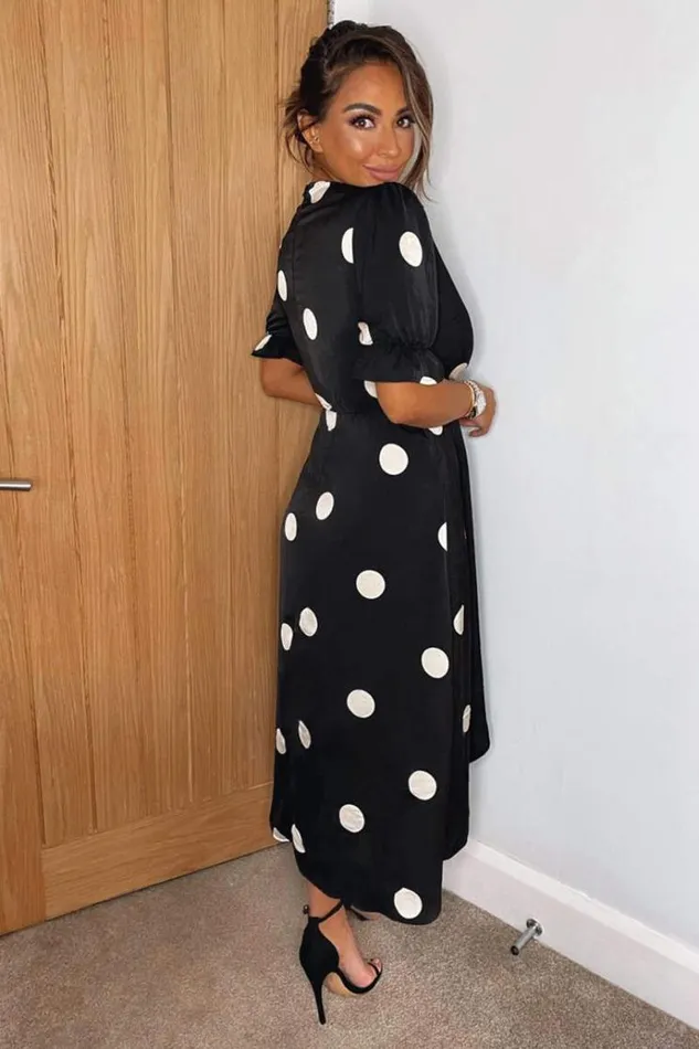 AX Paris Black And Stone Polka Dot Wrap Side Tie Midi Dress Women Dresses