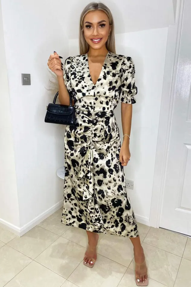 AX Paris Black And Stone Printed Frill Front Midi Dress Women Dresses