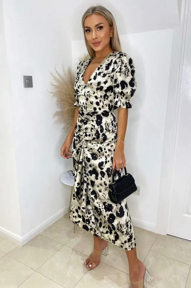 AX Paris Black And Stone Printed Frill Front Midi Dress Women Dresses