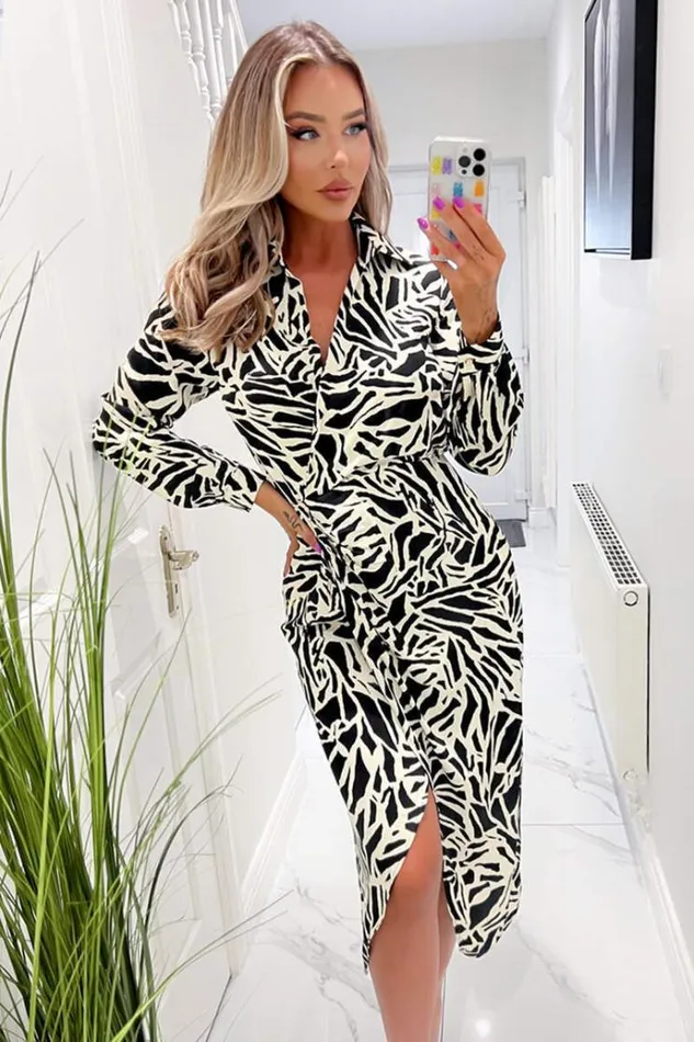 AX Paris Black And Stone Printed Midi Wrap Dress Women Dresses