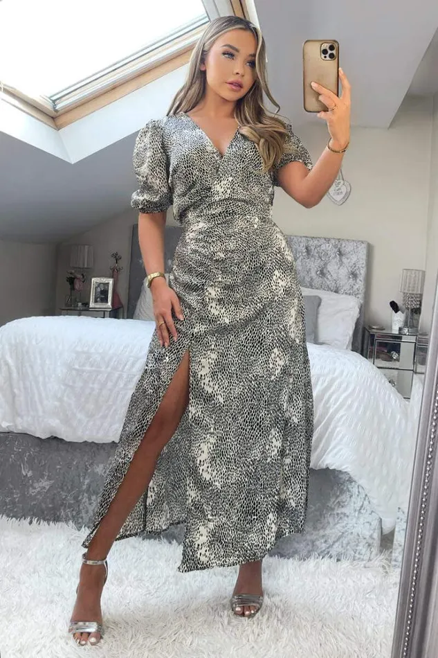 AX Paris Black And Stone Printed Ruched Side Midi Dress Women Dresses