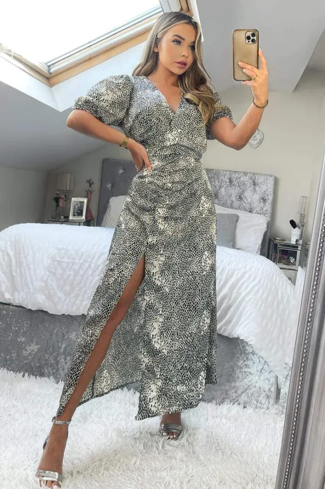 AX Paris Black And Stone Printed Ruched Side Midi Dress Women Dresses