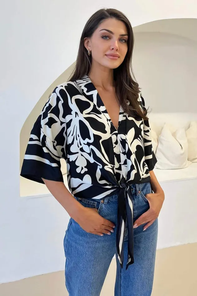 AX Paris Black And White Abstract Printed Tie Waist Top Women Coords