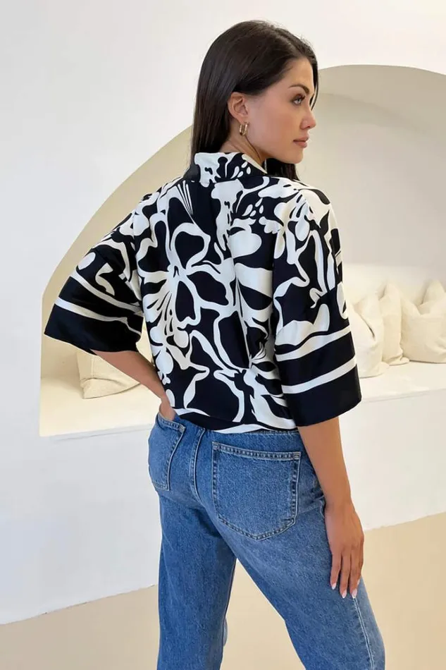 AX Paris Black And White Abstract Printed Tie Waist Top Women Coords