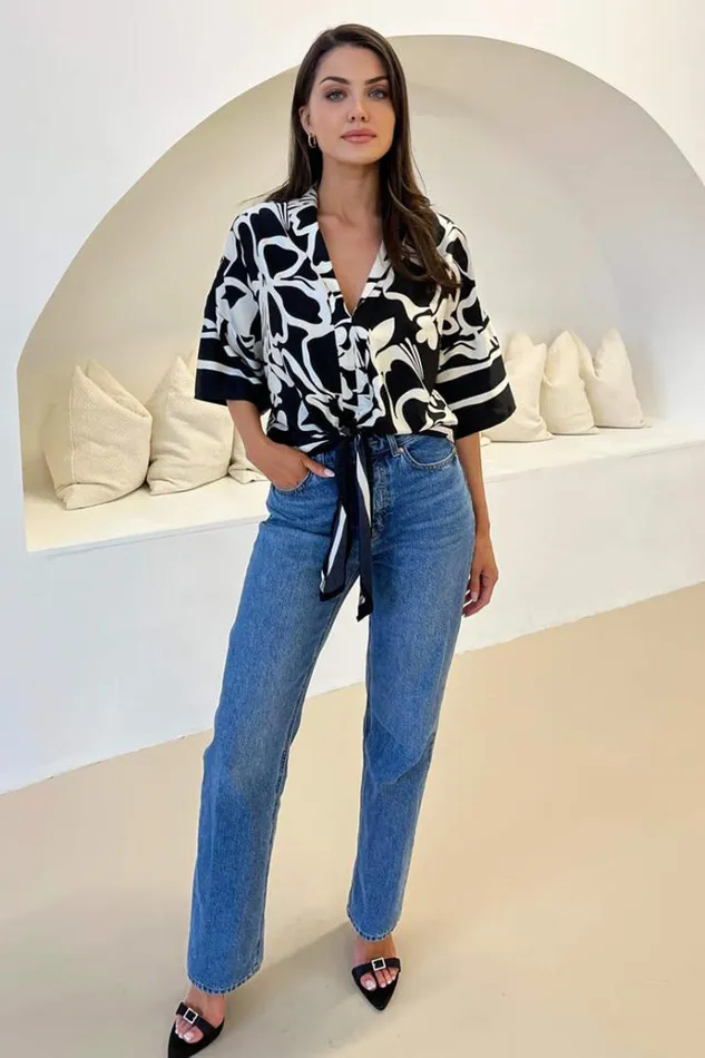 AX Paris Black And White Abstract Printed Tie Waist Top Women Tops