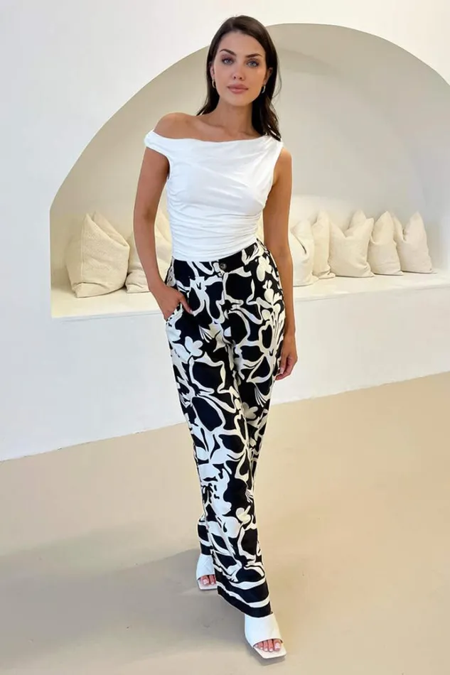 AX Paris Black And White Abstract Printed Trousers Women Coords