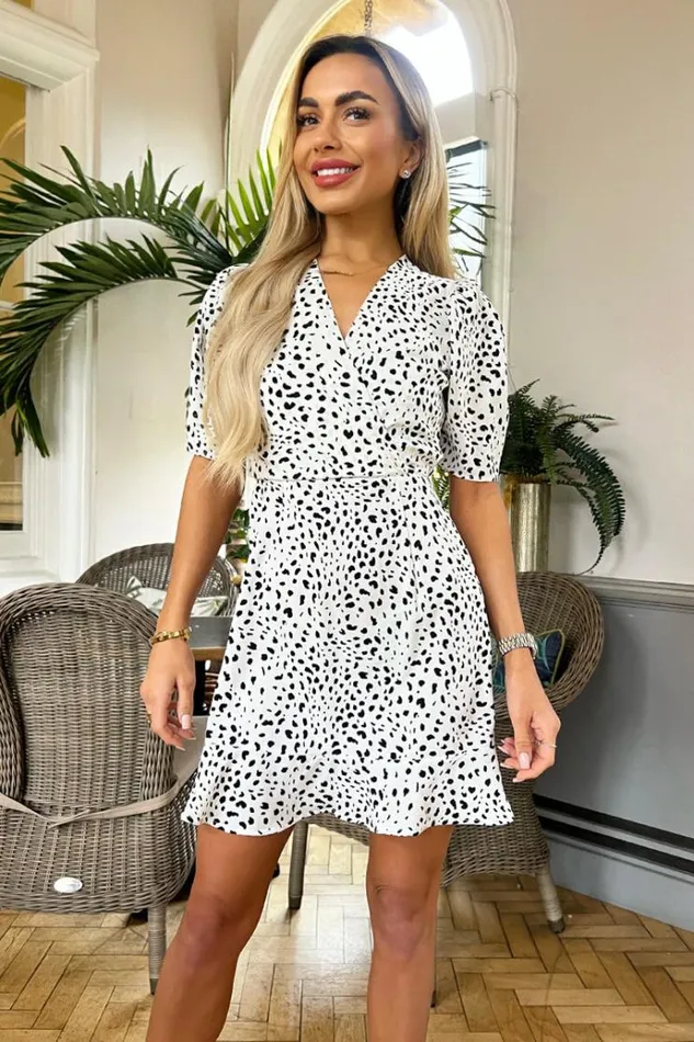 AX Paris Black And White Animal Print Wrap Top Mini Dress Women Dresses