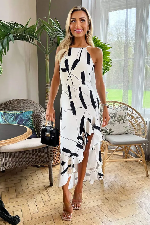 AX Paris Black And White Frill Hem High Neck Midi Dress Women Dresses