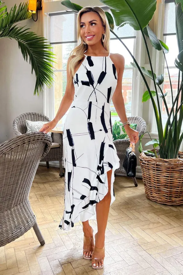 AX Paris Black And White Frill Hem High Neck Midi Dress Women Dresses