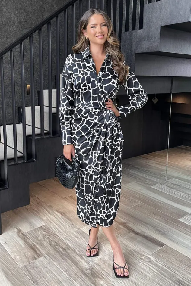 AX Paris Black And White Giraffe Print Side Tie Waist Wrap Midi Dress Women Dresses