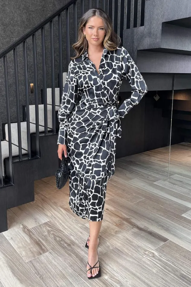 AX Paris Black And White Giraffe Print Side Tie Waist Wrap Midi Dress Women Dresses