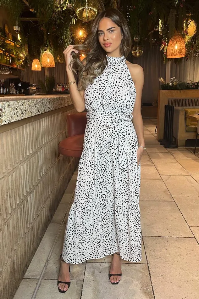 AX Paris Black And White Halterneck Tie Waist Midi Dress Women Dresses