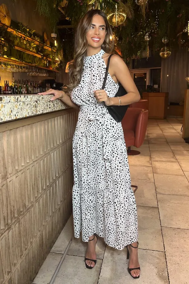 AX Paris Black And White Halterneck Tie Waist Midi Dress Women Dresses
