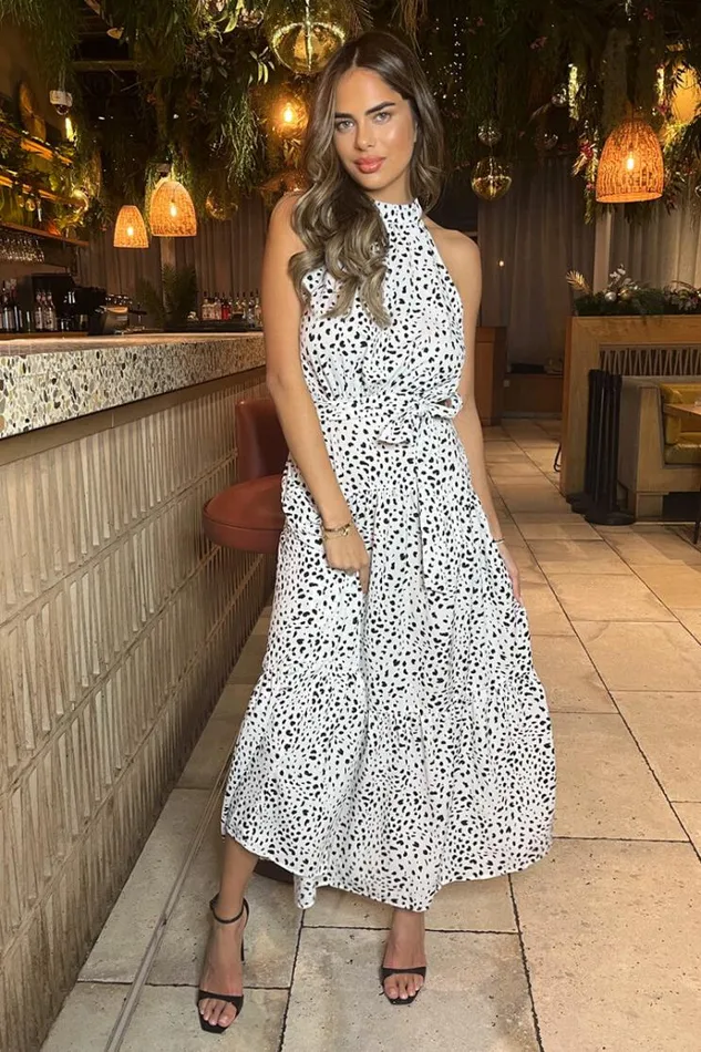 AX Paris Black And White Halterneck Tie Waist Midi Dress Women Dresses