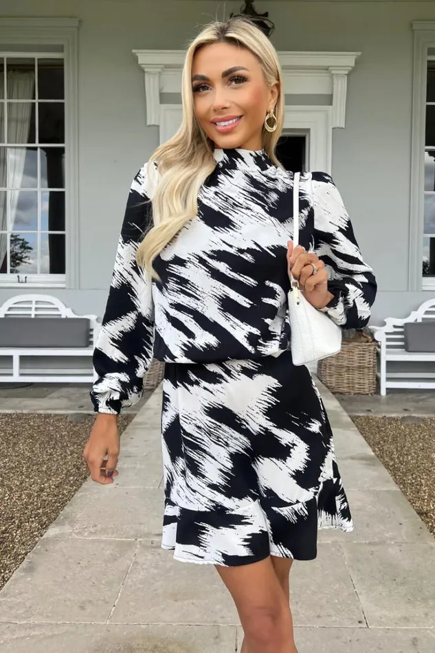 AX Paris Black And White High Neck Long Sleeve Skater Dress Women Dresses