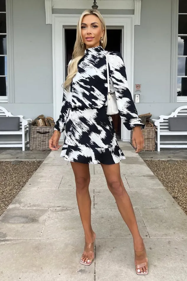 AX Paris Black And White High Neck Long Sleeve Skater Dress Women Dresses