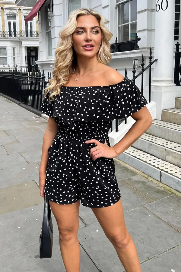 AX Paris Black And White Polka Dot Bardot Playsuit Women Jumpsuits And Playsuits