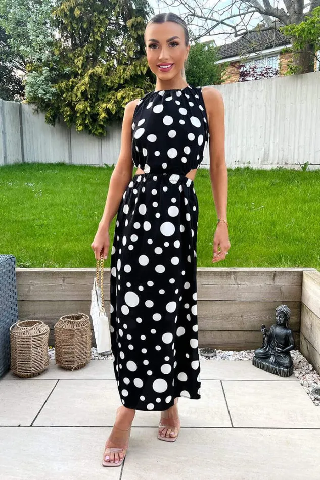 AX Paris Black And White Polka Dot Cut Out Midi Dress Women Dresses