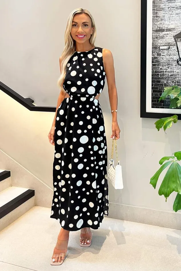 AX Paris Black And White Polka Dot Cut Out Midi Dress Women Dresses