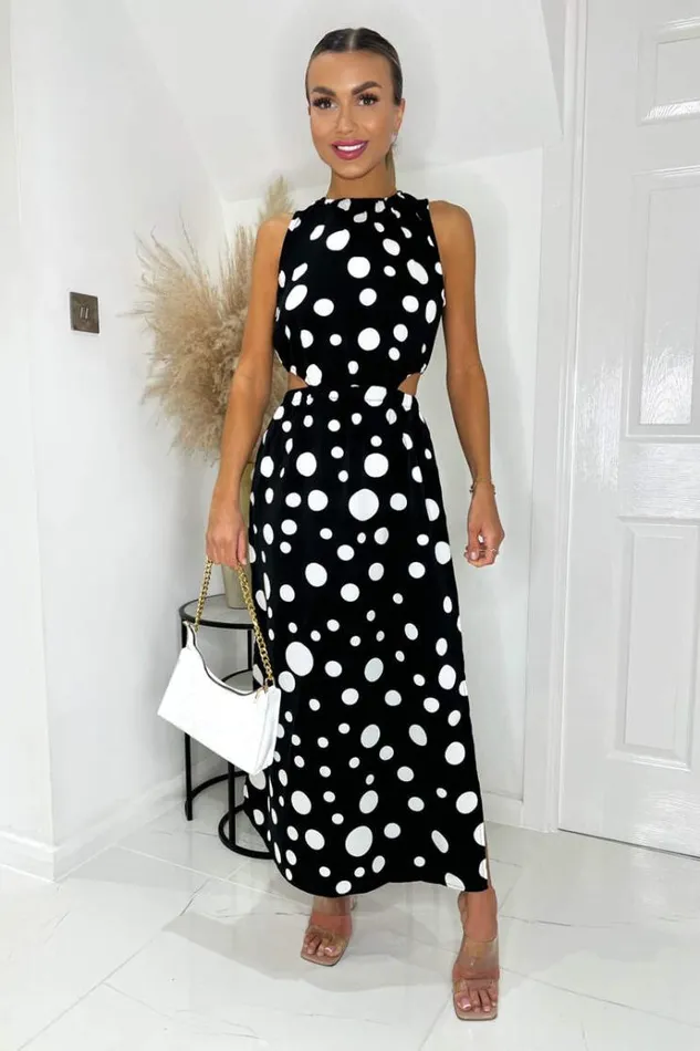 AX Paris Black And White Polka Dot Cut Out Midi Dress Women Dresses