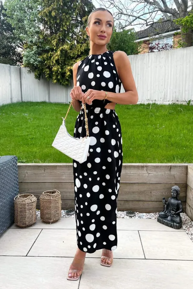 AX Paris Black And White Polka Dot Cut Out Midi Dress Women Dresses