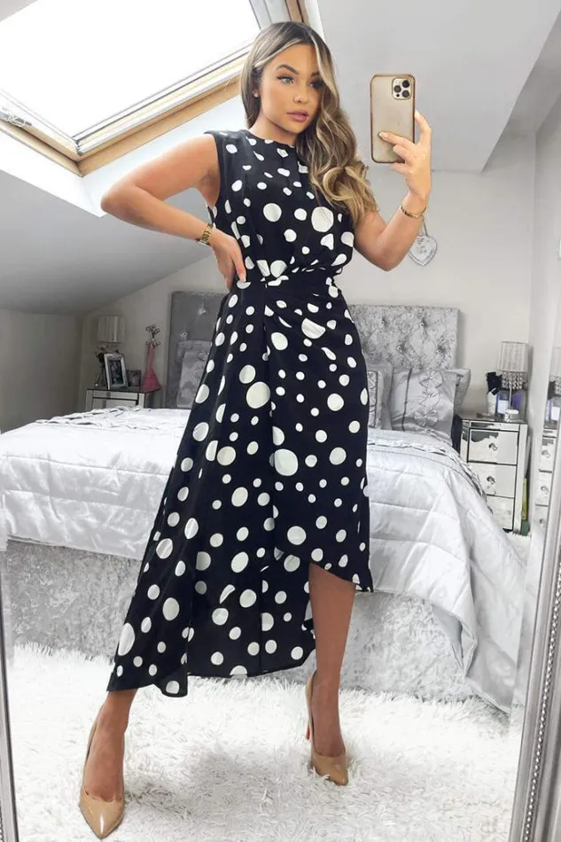 AX Paris Black And White Polka Dot Gathered Midi Dress Women Dresses
