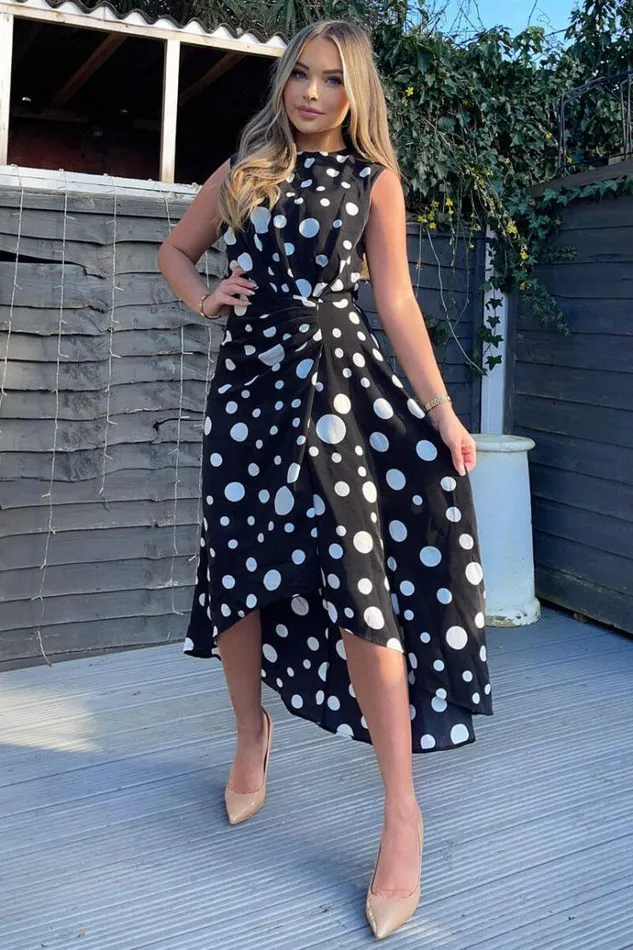 AX Paris Black And White Polka Dot Gathered Midi Dress Women Dresses