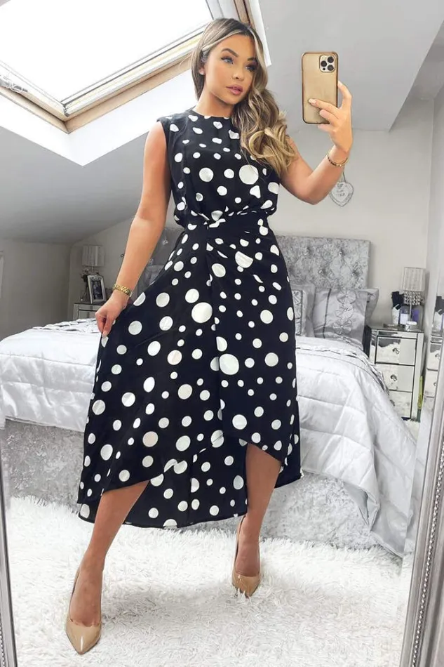 AX Paris Black And White Polka Dot Gathered Midi Dress Women Dresses