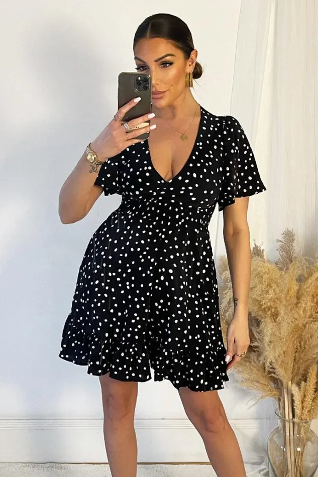 AX Paris Black And White Polka Dot Print Wrap Top Frill Hem Dress Women Dresses