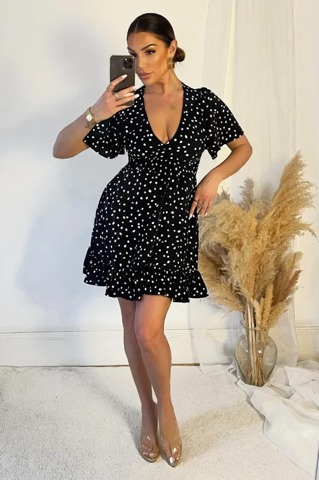 AX Paris Black And White Polka Dot Print Wrap Top Frill Hem Dress Women Dresses