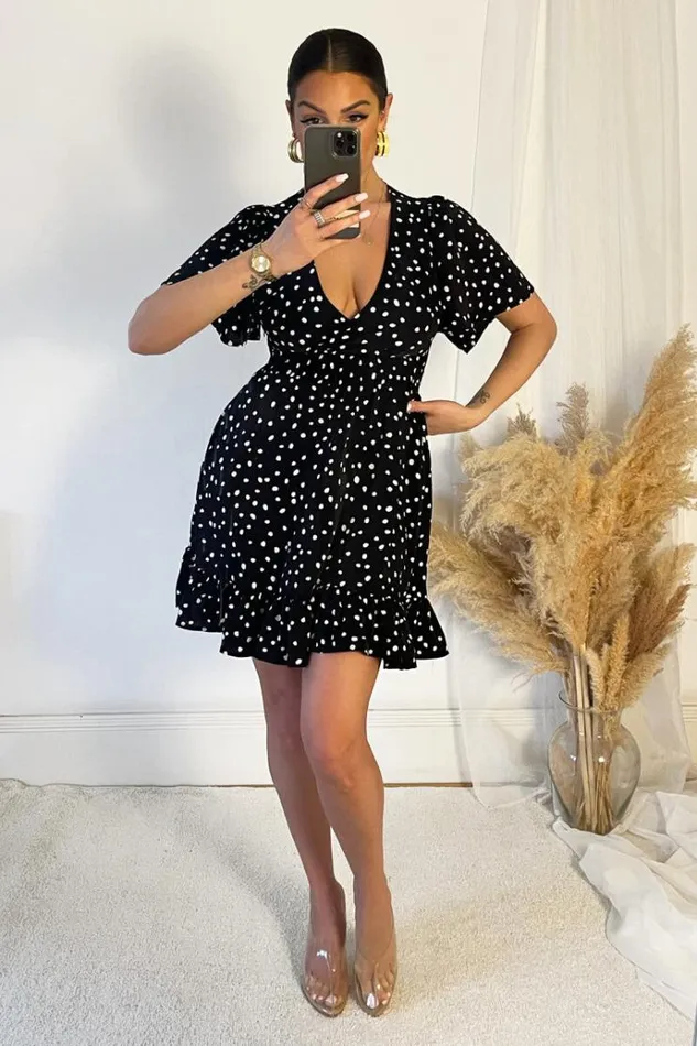 AX Paris Black And White Polka Dot Print Wrap Top Frill Hem Dress Women Dresses