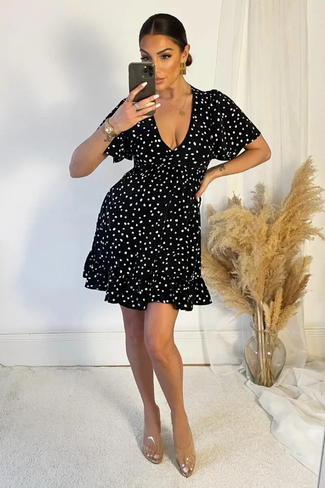 AX Paris Black And White Polka Dot Print Wrap Top Frill Hem Dress Women Dresses