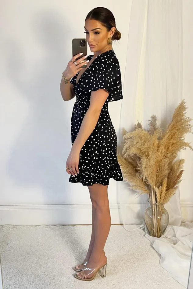 AX Paris Black And White Polka Dot Print Wrap Top Frill Hem Dress Women Dresses