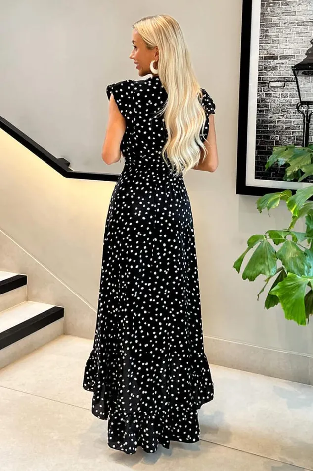 AX Paris Black And White Polka Dot Wrap Over Top Frill Hem Midi Dress Women Dresses