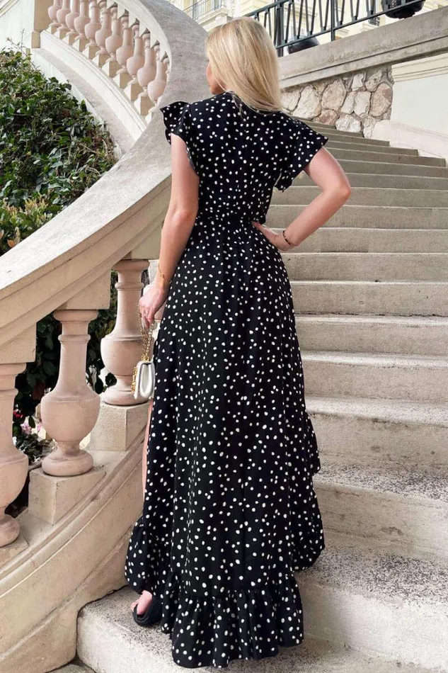 AX Paris Black And White Polka Dot Wrap Over Top Frill Hem Midi Dress Women Dresses