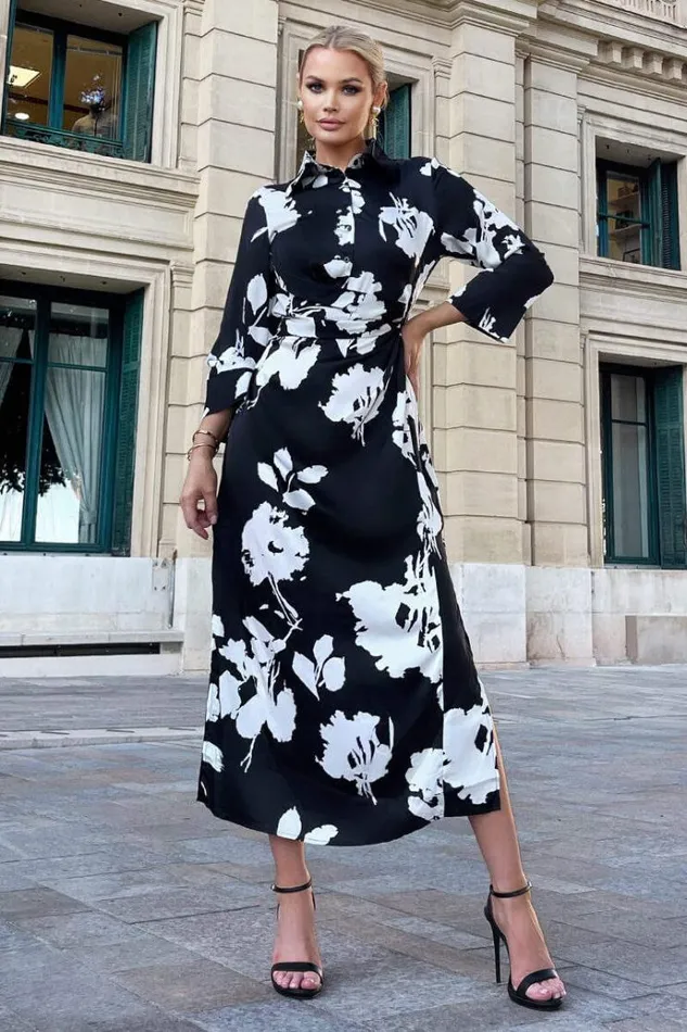 AX Paris Black And White Print Draped Shirt Midi Dress Women Dresses