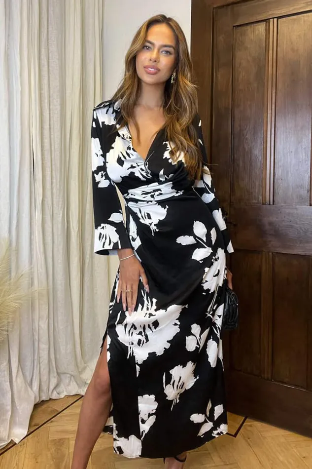 AX Paris Black And White Print Draped Shirt Midi Dress Women Dresses