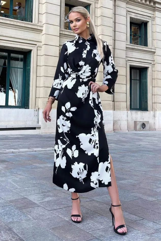 AX Paris Black And White Print Draped Shirt Midi Dress Women Dresses