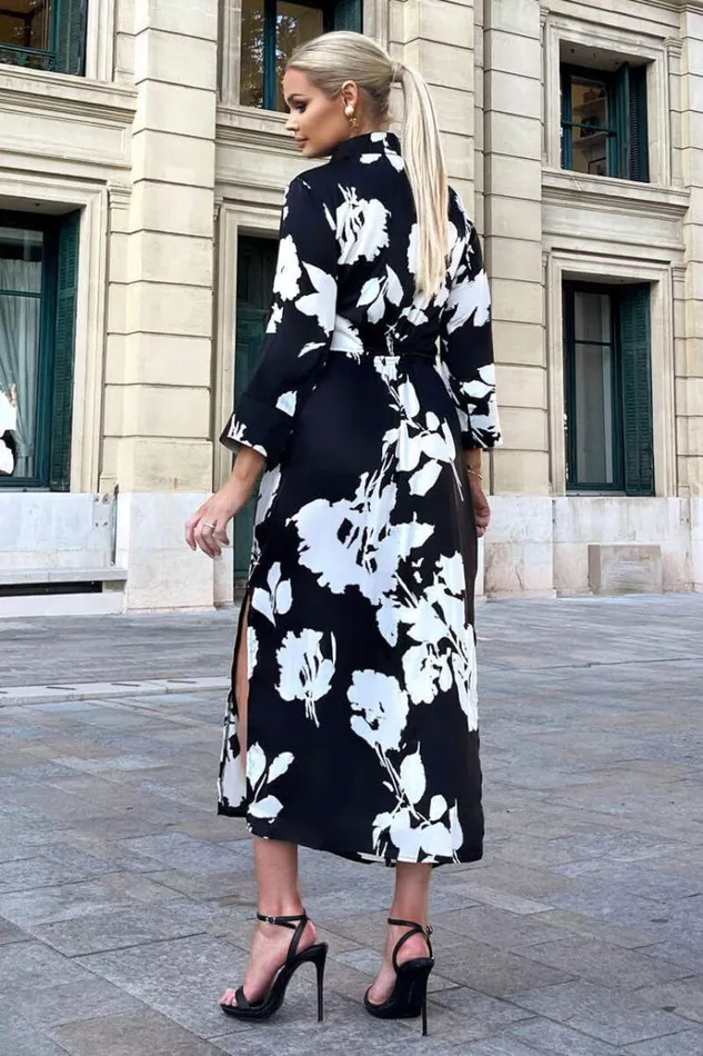 AX Paris Black And White Print Draped Shirt Midi Dress Women Dresses