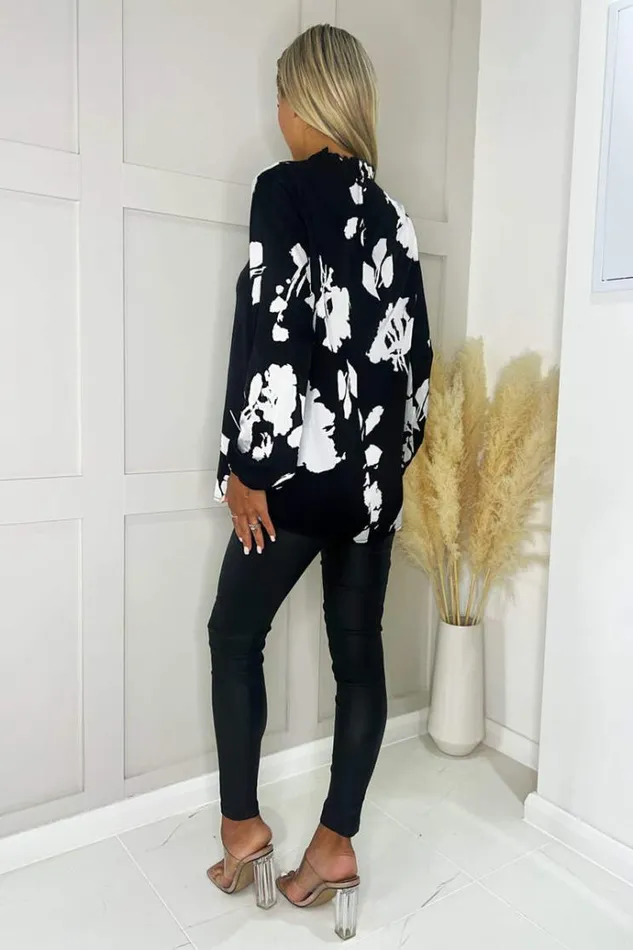 AX Paris Black And White Print Ruffle Neck Long Sleeve Top Women Tops