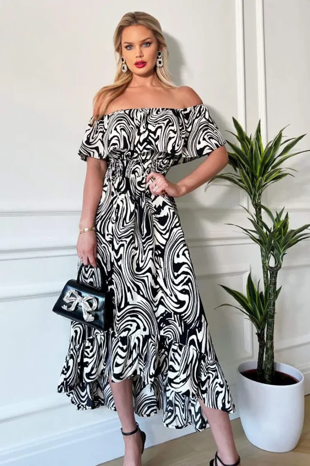 AX Paris Black And White Printed Bardot Style Midi Dress Women Dresses