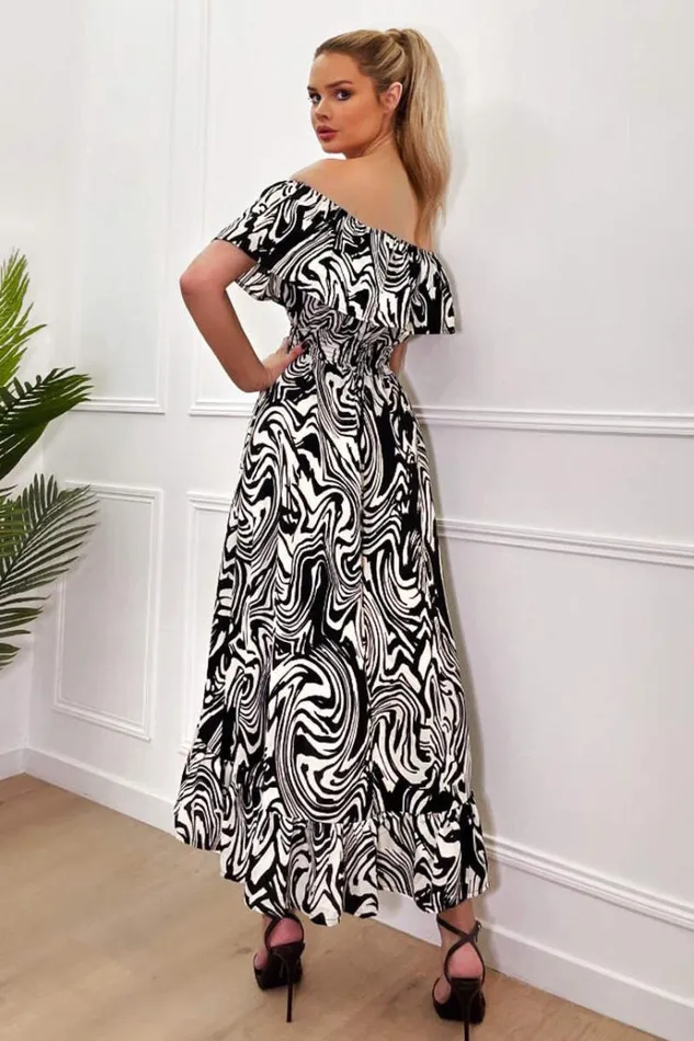AX Paris Black And White Printed Bardot Style Midi Dress Women Dresses