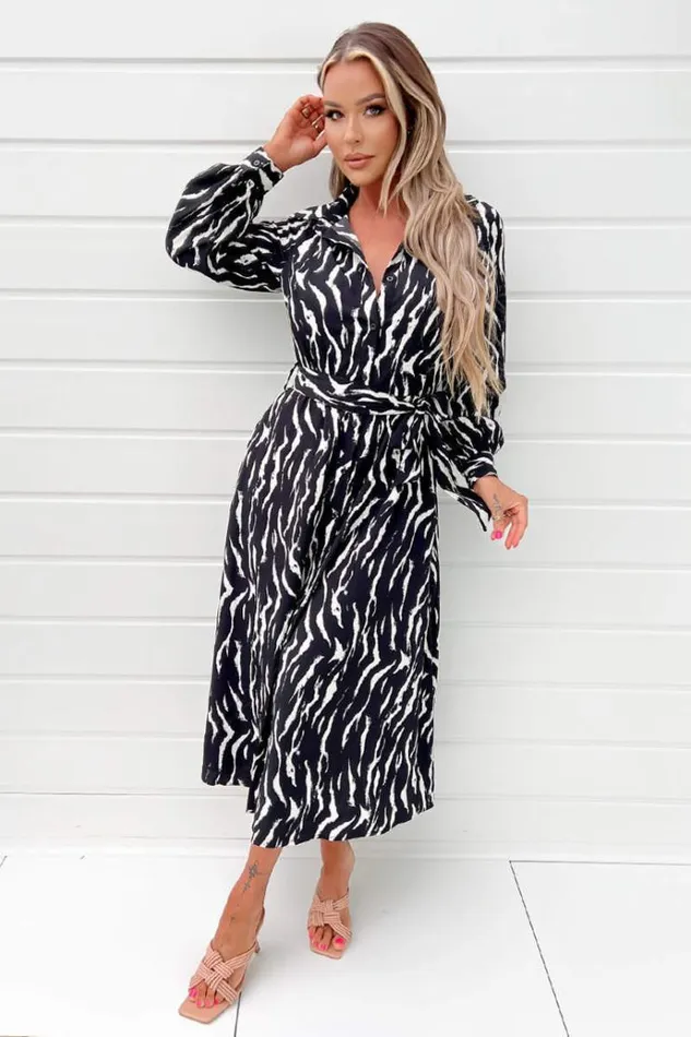 AX Paris Black And White Printed Button Up Midi Shirt Dress Women Dresses