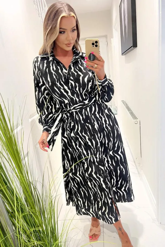 AX Paris Black And White Printed Button Up Midi Shirt Dress Women Dresses
