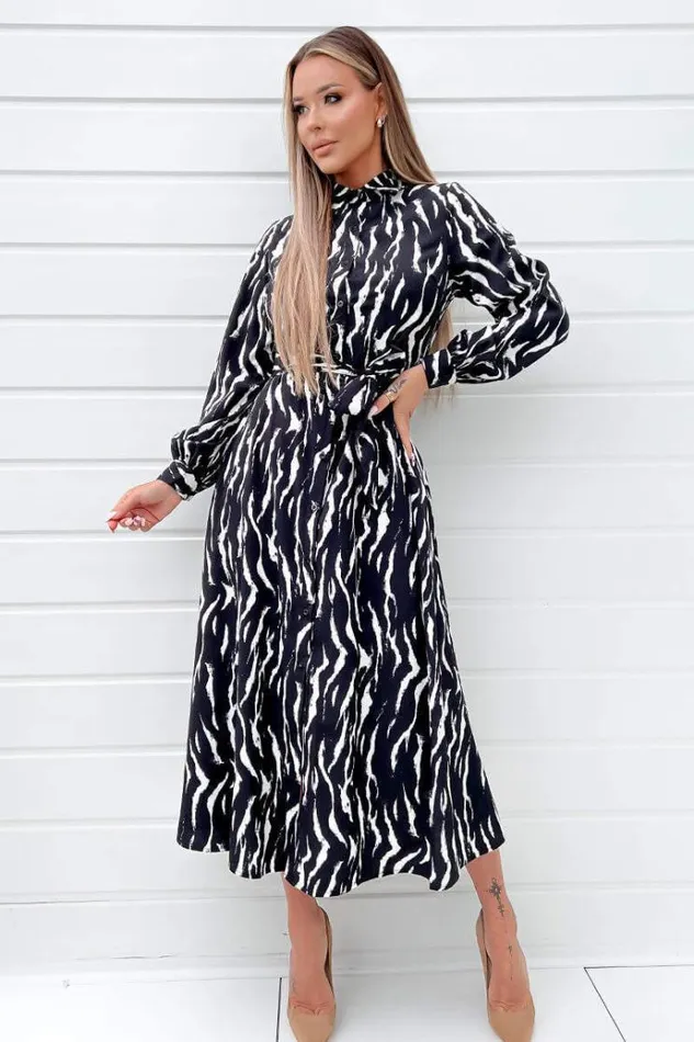 AX Paris Black And White Printed Button Up Midi Shirt Dress Women Dresses