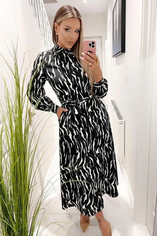 AX Paris Black And White Printed Button Up Midi Shirt Dress Women Dresses